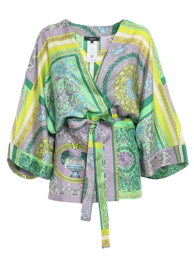 Shop Versace Mosaic Baroque Printed Silk Kimono Jacket In Purple