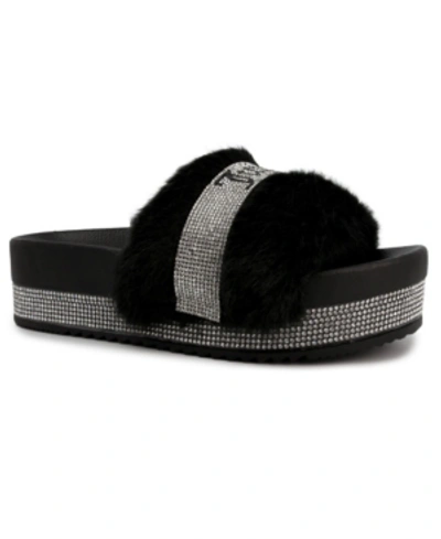 Shop Juicy Couture Women's Orbit Furry Platform Slide Slippers Women's Shoes In Black Faux Fur