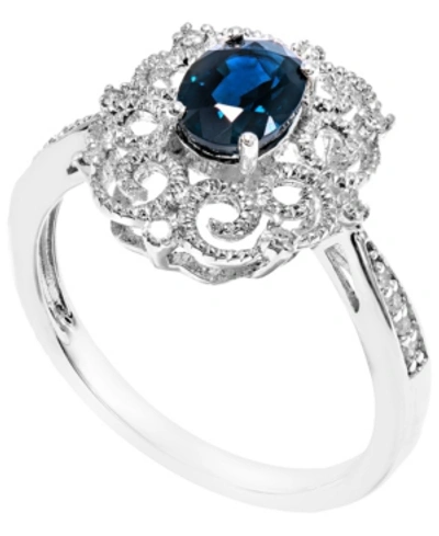 Shop Macy's Sapphire (7/8 Ct. T.w.) & Diamond (1/20 Ct. T.w.) Milgrain Ring In Sterling Silver In Blue