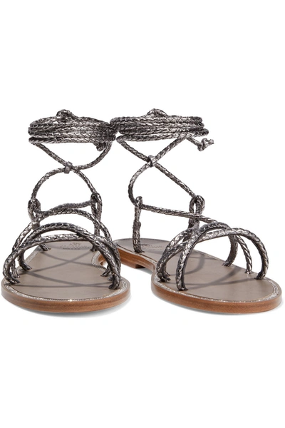 Shop Brunello Cucinelli Bead-embellished Metallic Snake-effect Leather Sandals In Gunmetal