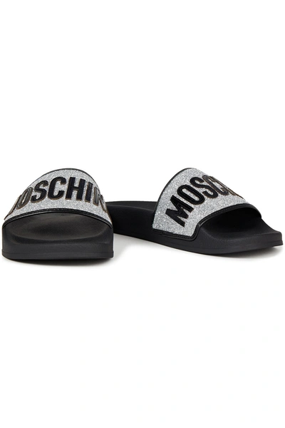 Shop Moschino Appliquéd Glittered Faux Leather Slides In Silver