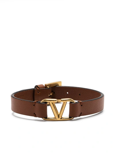 Shop Valentino Vlogo Leather Bracelet In Brown