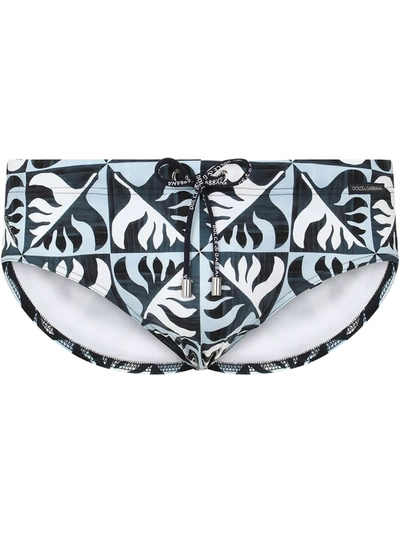 Shop Dolce & Gabbana Geometric Leaf Print Swimming Trunks In Blue