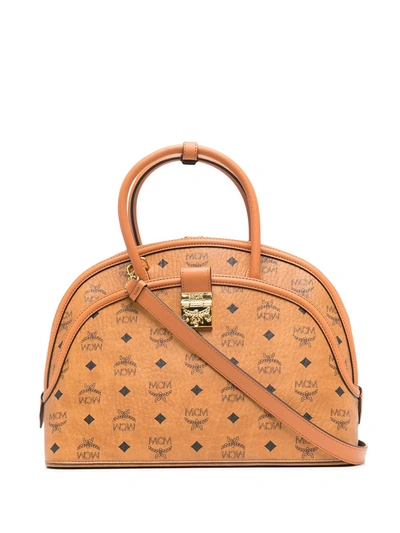 Mcm Anna Visetos Small Tote Bag With Crossbody Strap In Cognac
