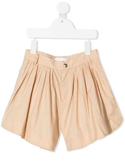 Shop Chloé Pleated Cotton Shorts In Neutrals