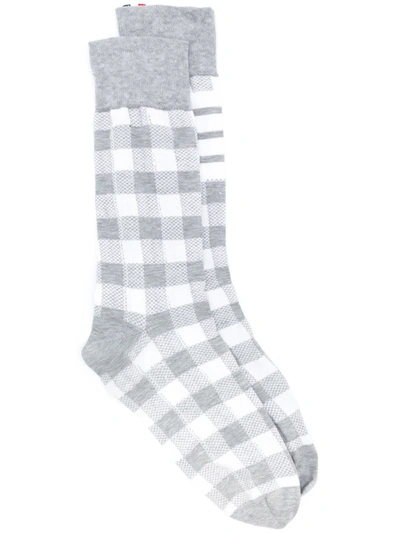 Shop Thom Browne Check Cotton Socks In Grey