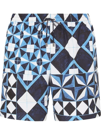 Shop Dolce & Gabbana Majolica Print Drawstring Swim Shorts In Blue