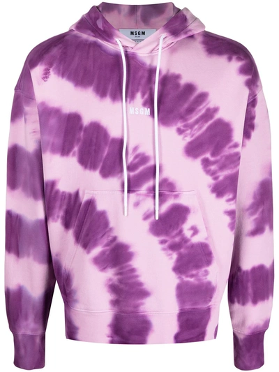 Shop Msgm Logo-print Tie-dye Hoodie In Purple