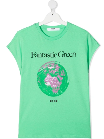 Shop Msgm Teen Graphic-print Cotton T-shirt In Green