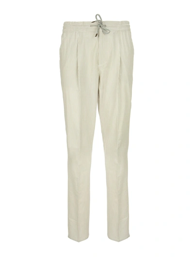 Shop Brunello Cucinelli Comfort Cotton Striped Textured Fabric Leisure Fit Trousers With Drawstring And Pleat In Light Brown