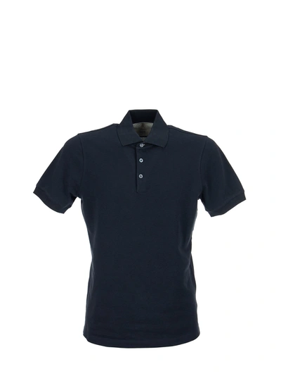 Shop Brunello Cucinelli Cotton Piqué Slim Fit Polo Shirt With Knitted Collar In Navy Blue