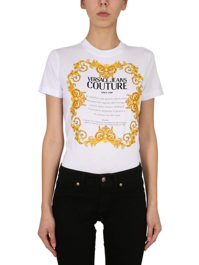 Shop Versace Jeans Couture T-shirt With Baroque Label Pattern In White