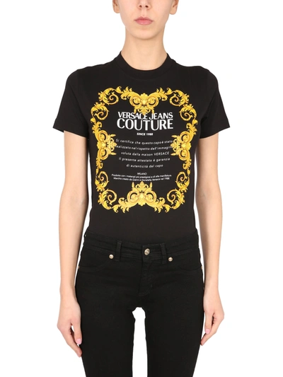 Shop Versace Jeans Couture T-shirt With Baroque Label Pattern In Black