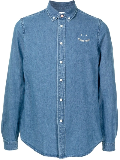 Shop Ps By Paul Smith Smile Embroidered Logo Denim Shirt In Blue
