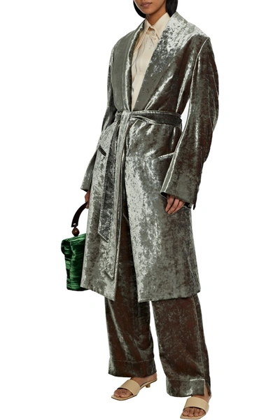 Shop Ann Demeulemeester Belted Crushed-velvet Coat In Grey Green