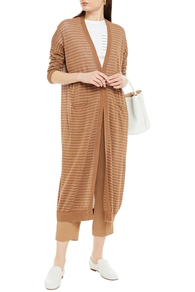 Shop Brunello Cucinelli Bead-embellished Striped Linen-blend Cardigan In Light Brown