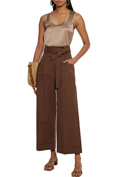 Shop Brunello Cucinelli Belted Cotton And Linen-blend Wide-leg Pants In Brown