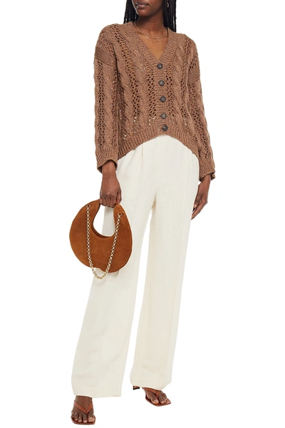 Shop Brunello Cucinelli Embellished Cable-knit Cotton, Linen And Silk-blend Cardigan In Light Brown