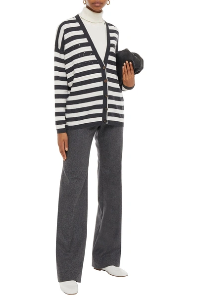 Shop Brunello Cucinelli Bead And Sequin-embellished Striped Cashmere Cardigan In Charcoal