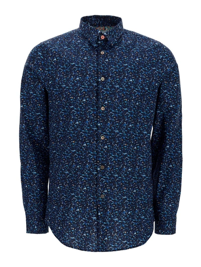 Shop Paul Smith Patterned Stretch Cotton Shirt In Dark Blue