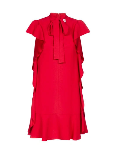 Shop Red Valentino Pussy-bow Neck And Volants Viscose-blend Dress In Lacca