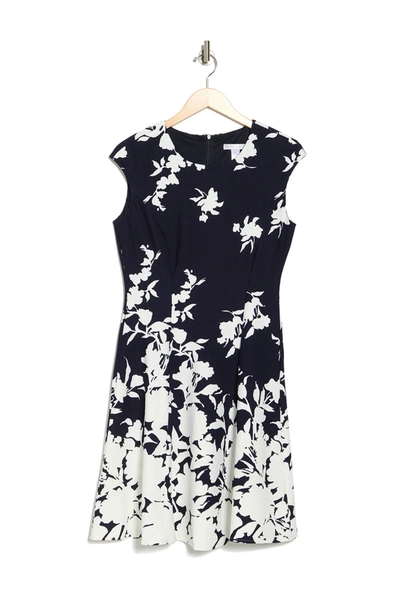 Shop London Times Monotone Floral Print Fit And Flare Dress In Navy Ivory