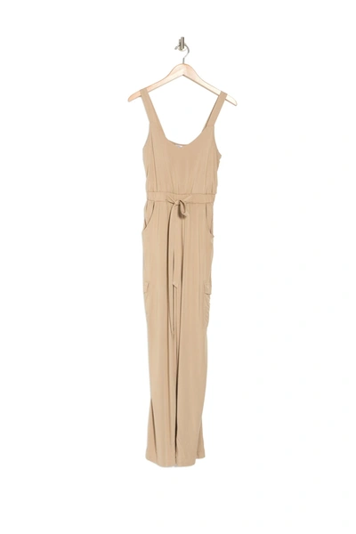 Shop Rd Style Stretch Tie Waist Jumpsuit In Tan