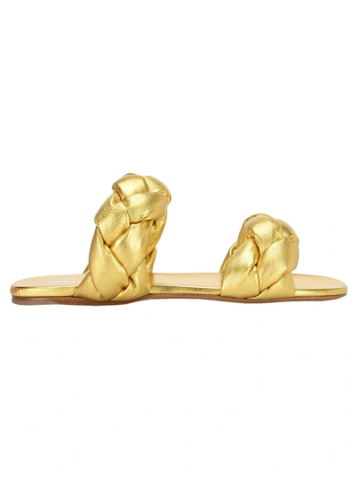 Shop Miu Miu Metallic Woven Flat Sandal In Gold