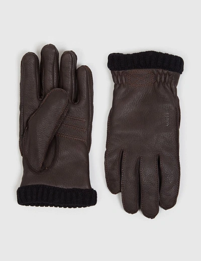 Shop Hestra Deerskin Primaloft Rib Gloves In Dark Brown