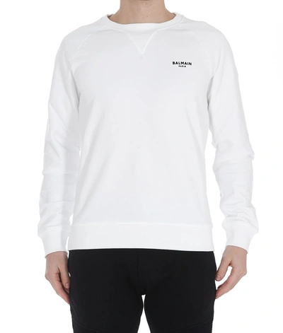 Shop Balmain Flocked Logo Crewneck Sweatshirt In White