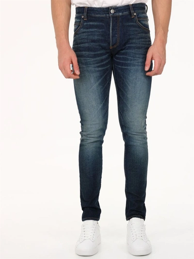 Shop Balmain Monogram Embroidered Skinny Jeans In Blue
