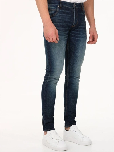 Shop Balmain Monogram Embroidered Skinny Jeans In Blue