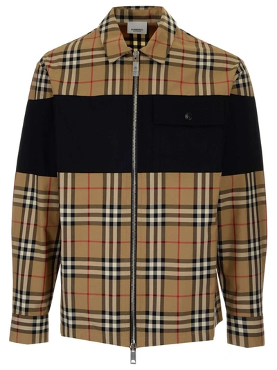 Shop Burberry Contrast Panel Check Zipped Shirt In Beige