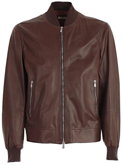 Shop Brunello Cucinelli Zipped Leather Bomber Jacket In Brown
