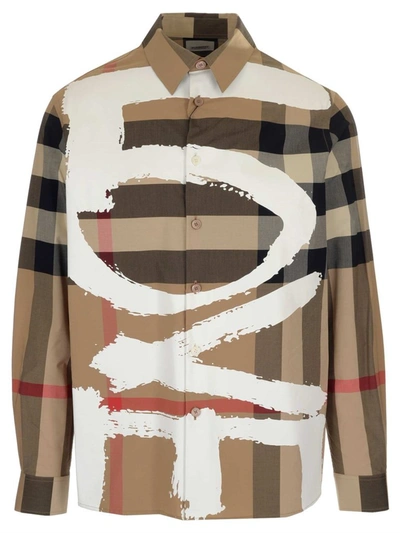 Shop Burberry Love Print Check Oversized Shirt In Beige