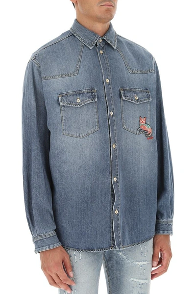 Shop Gucci Cat Denim Shirt In Blue