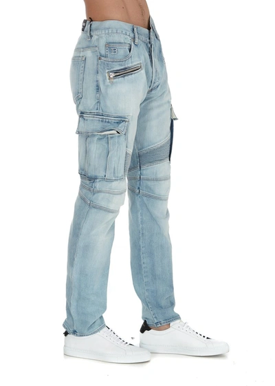 Shop Balmain Panelled Cargo Jeans In Blue