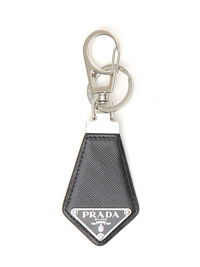 Shop Prada Logo Plaque Keychain In Black