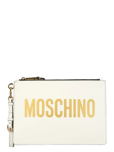 Shop Moschino Logo Printed Clutch Bag In White