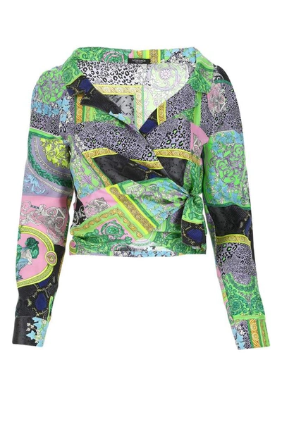 Shop Versace Printed Cropped Wrap Blouse In Multi