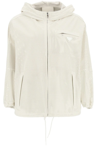 Shop Prada Perforated Hooded Leather Jacket In White