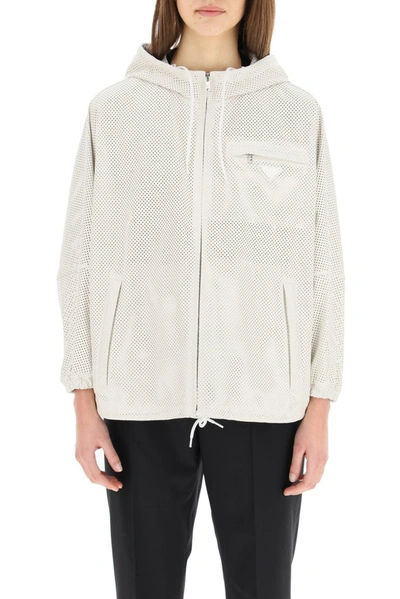 Shop Prada Perforated Hooded Leather Jacket In White