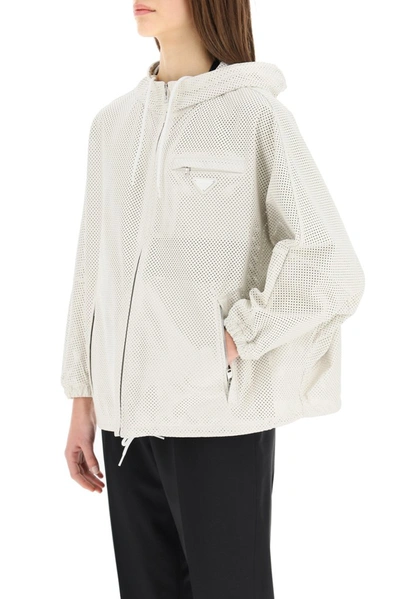 Shop Prada Perforated Hooded Leather Jacket In White