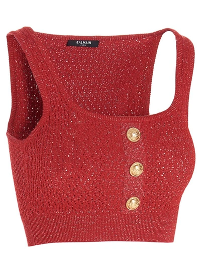 Shop Balmain Buttoned Knitted Crop Top In Red