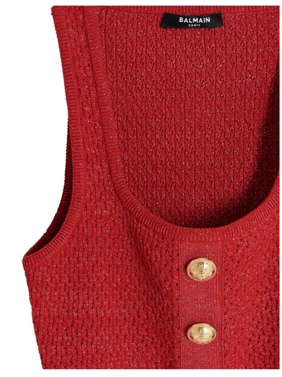 Shop Balmain Buttoned Knitted Crop Top In Red