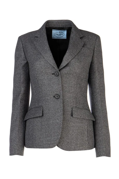 Shop Prada Single Breasted Tweed Blazer In Grey