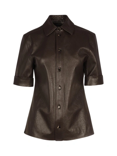 Shop Bottega Veneta Leather Short Sleeve Shirt In Brown
