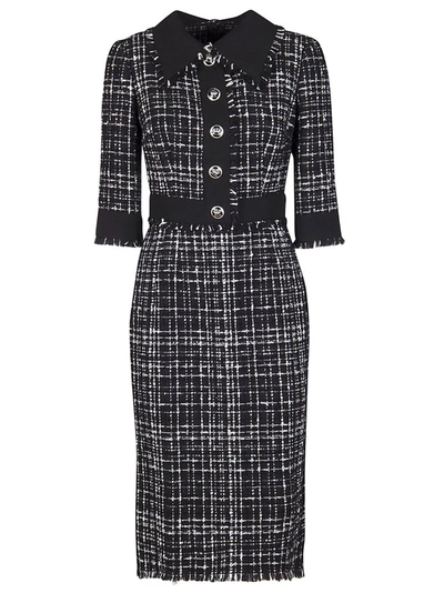 Shop Dolce & Gabbana Tweed Button Detail Dress In Black