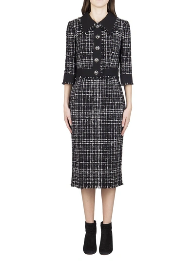 Shop Dolce & Gabbana Tweed Button Detail Dress In Black