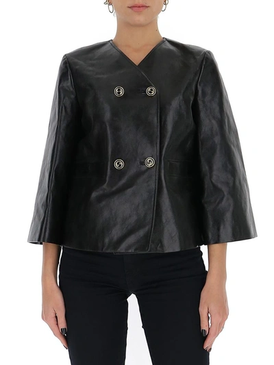 Shop Gucci Interlocking G Button Leather Jacket In Black